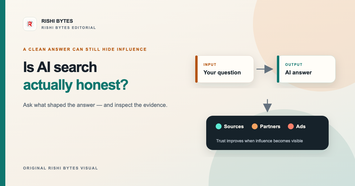 Illustration showing a question passing through an AI answer and being influenced by sources, partnerships, and advertising.
